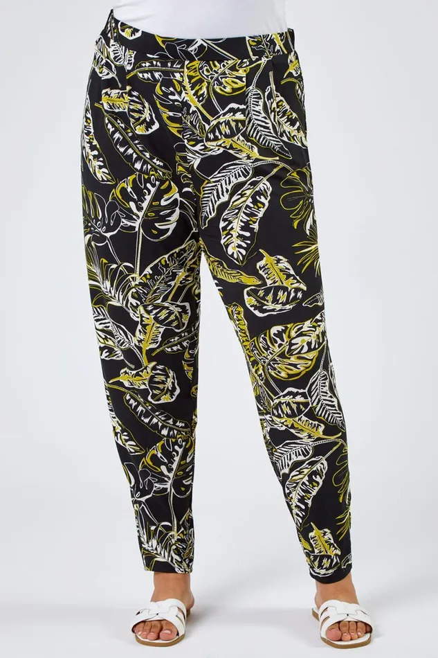 Black Curve Tropical Leaf Print Jersey Trouser Women Roman Trousers
