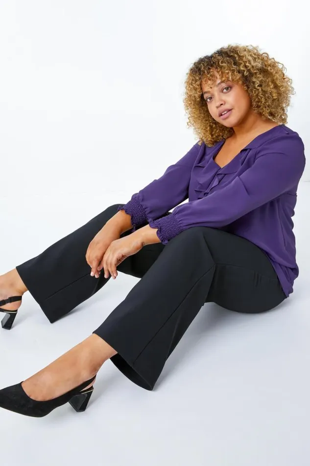 Black Curve Wide Leg Stretch Trouser Women Roman Trousers