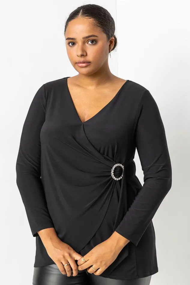 Black Curve Wrap Diamante Buckle Top Women Roman Tops