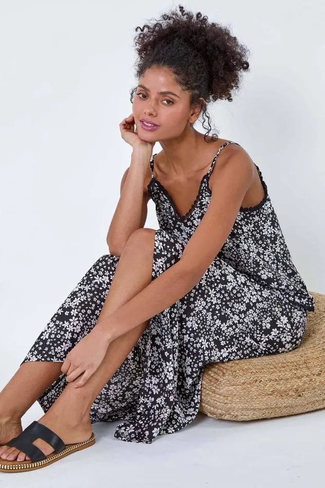 Black Ditsy Floral Button Detail A Line Midi Skirt Women Roman Skirts