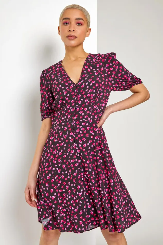 Black Ditsy Floral Frill Hem Tea Dress Women Roman Dresses