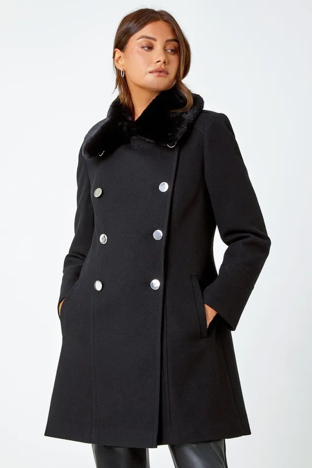 Black Double Breasted Faux Fur Collar Coat Women Roman Coats