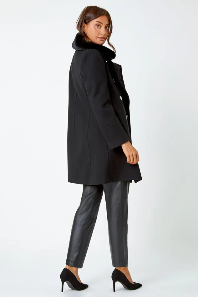 Black Double Breasted Faux Fur Collar Coat Women Roman Coats