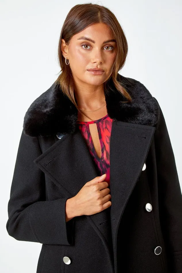Black Double Breasted Faux Fur Collar Coat Women Roman Coats