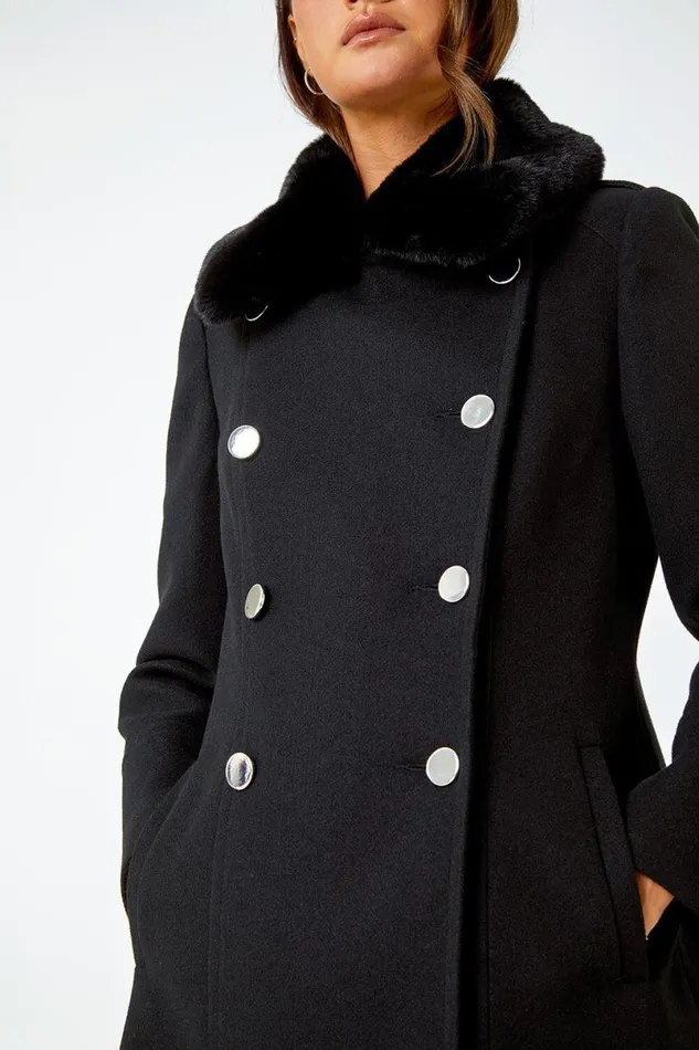 Black Double Breasted Faux Fur Collar Coat Women Roman Coats