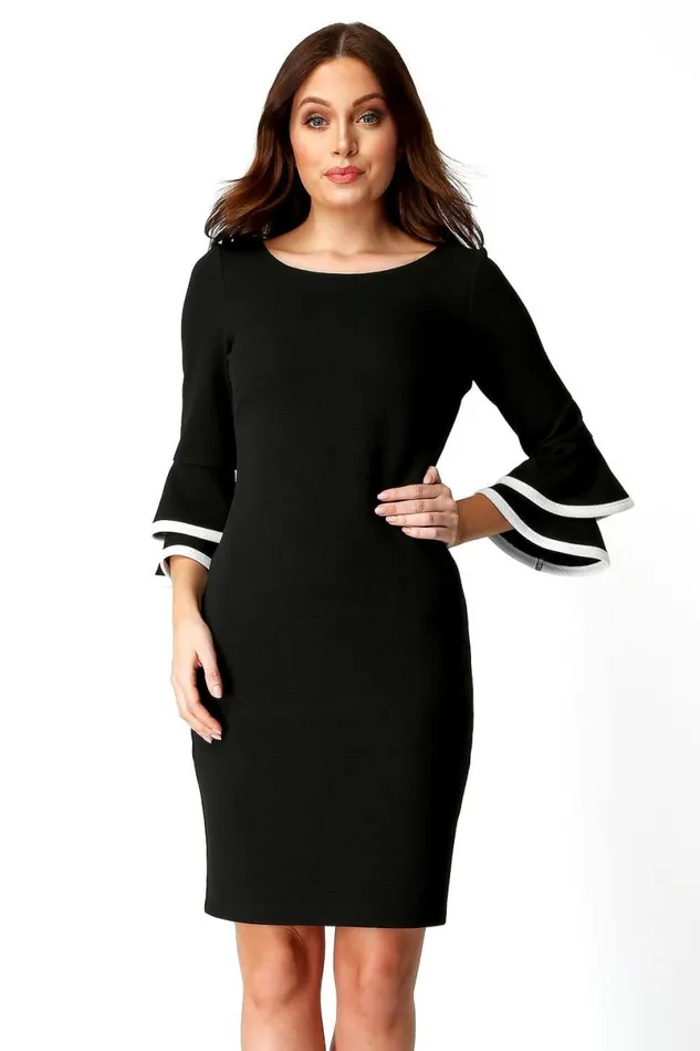 Black Double Fluted 34 Length Sleeve Shift Dress Women Roman Dresses