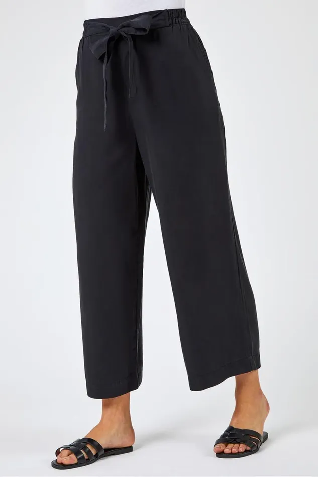 Black Elastic Tie Waist Cropped Culottes Women Roman Trousers