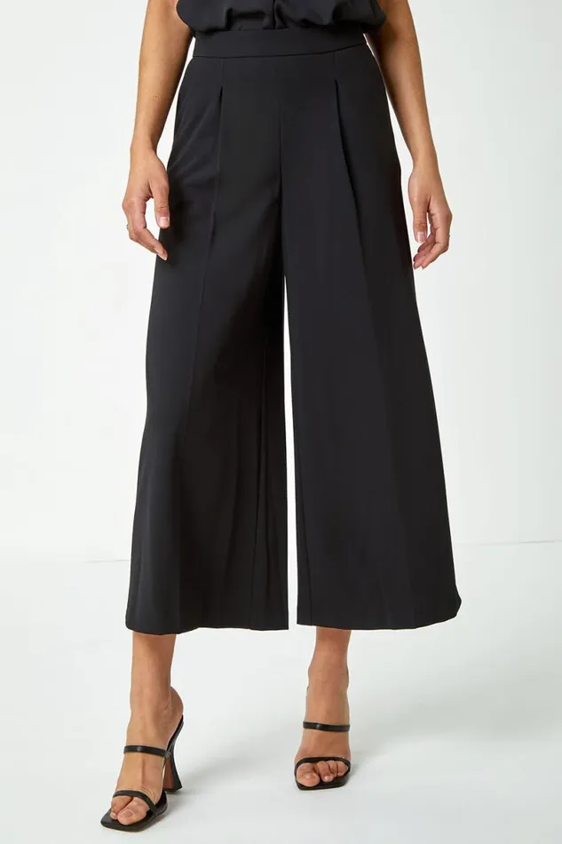 Black Elastic Waist Wide Leg Cropped Culottes Women Roman Occasionwear