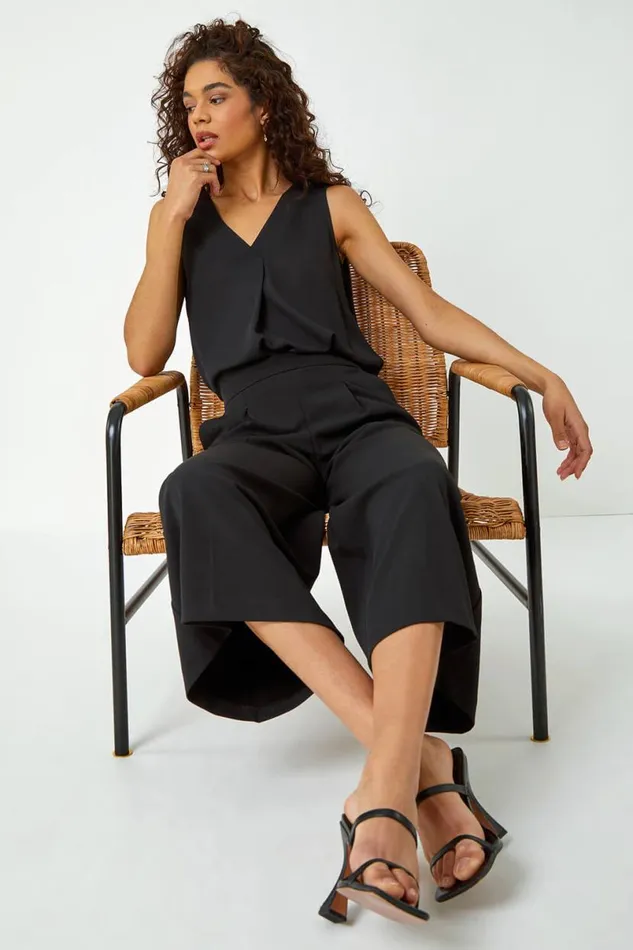 Black Elastic Waist Wide Leg Cropped Culottes Women Roman Occasionwear