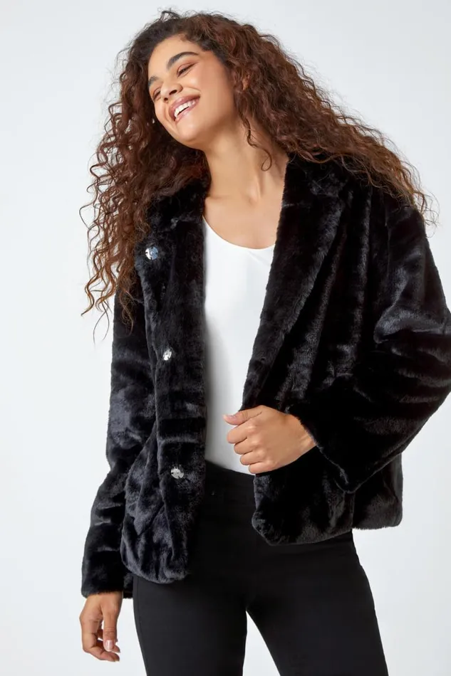 Black Faux Fur Hooded Jacket Women Roman Jackets