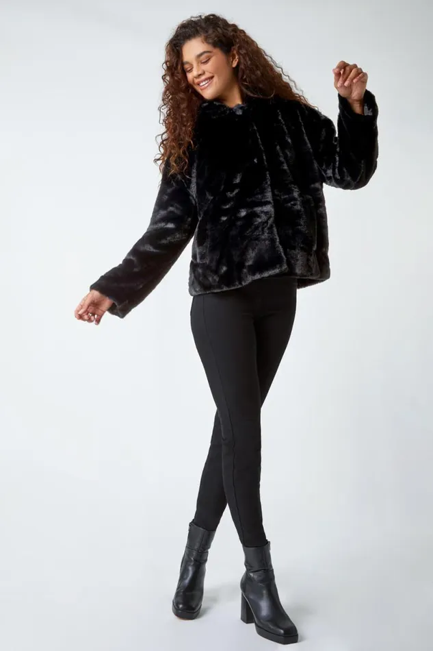 Black Faux Fur Hooded Jacket Women Roman Jackets