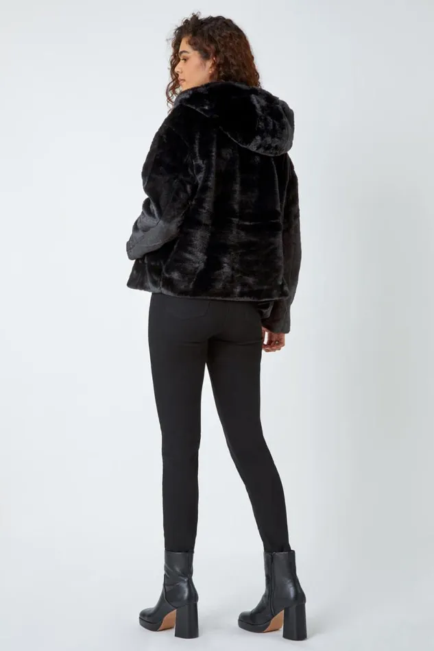 Black Faux Fur Hooded Jacket Women Roman Jackets