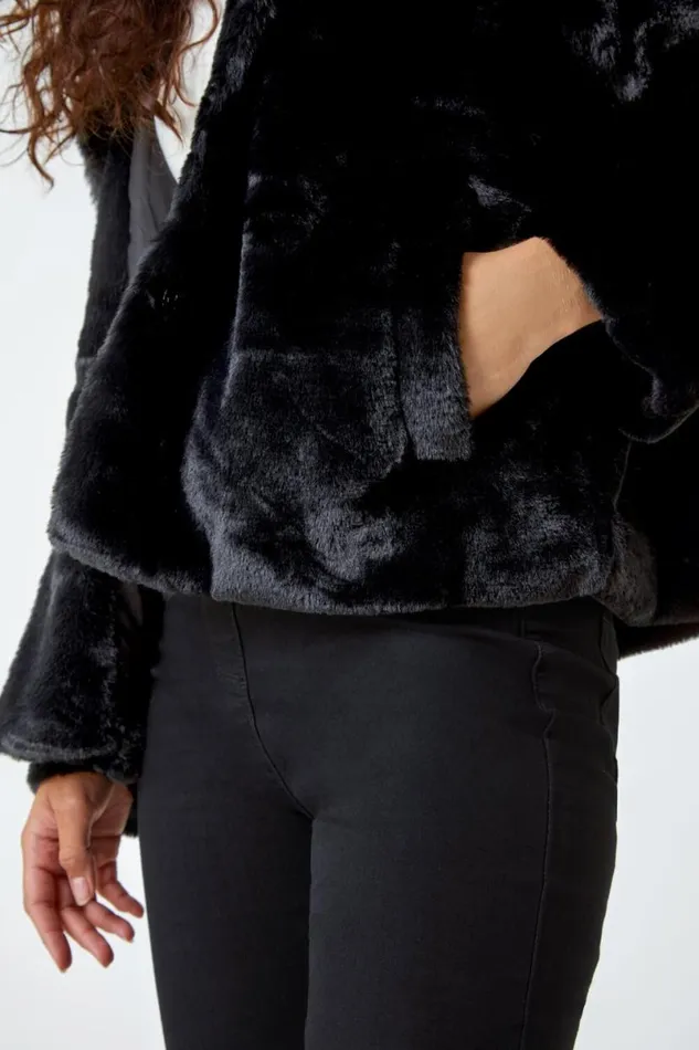 Black Faux Fur Hooded Jacket Women Roman Jackets