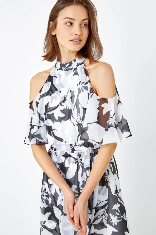 Black Floral Cold Shoulder Chiffon Maxi Dress Women Roman Dresses
