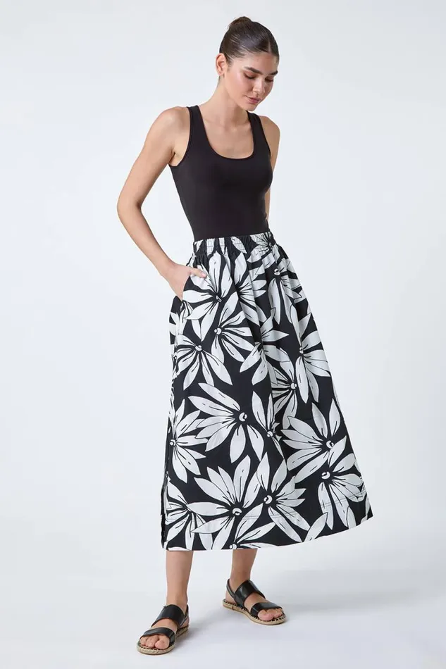 Black Floral Cotton Poplin A Line Pocket Skirt Women Roman Skirts