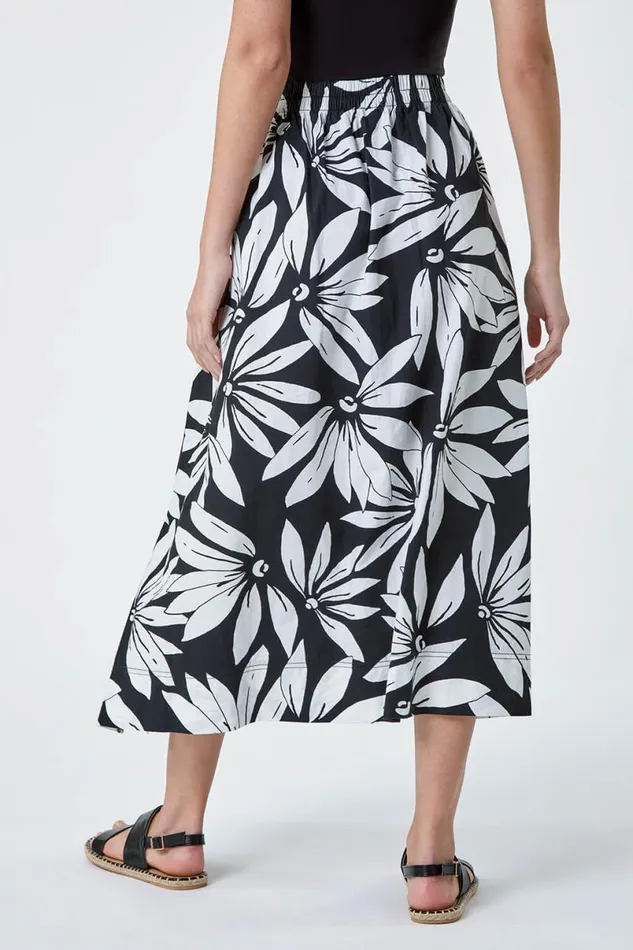 Black Floral Cotton Poplin A Line Pocket Skirt Women Roman Skirts