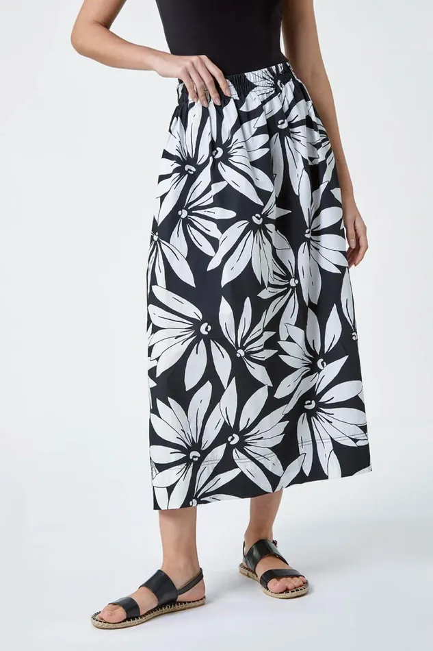 Black Floral Cotton Poplin A Line Pocket Skirt Women Roman Skirts