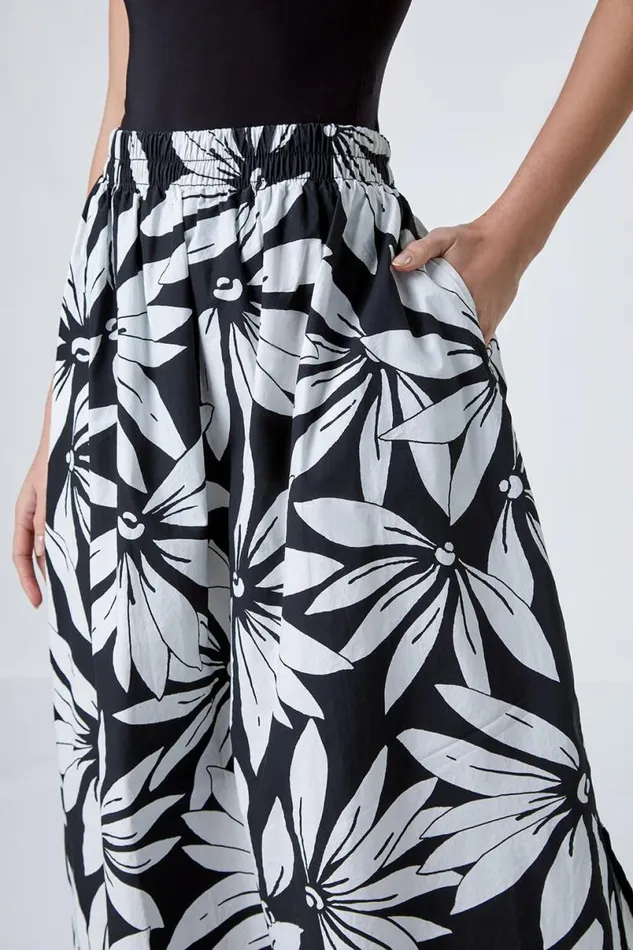 Black Floral Cotton Poplin A Line Pocket Skirt Women Roman Skirts