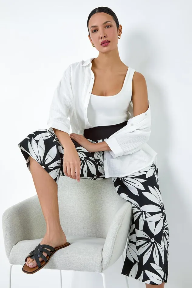 Black Floral Elastic Waist Wide Leg Cotton Culottes Women Roman Trousers