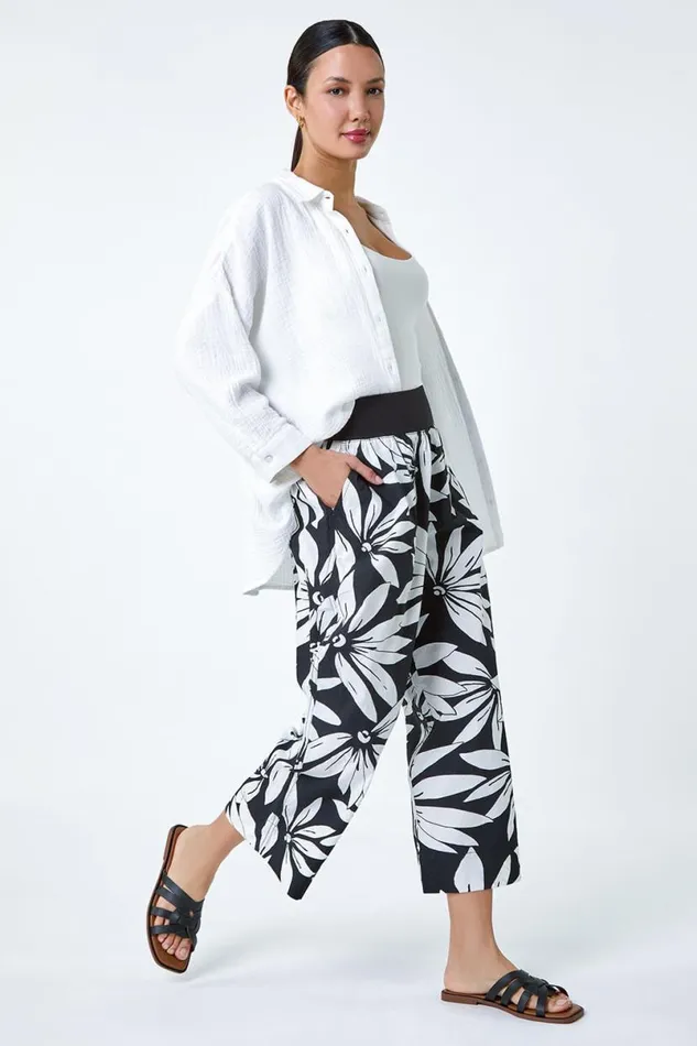 Black Floral Elastic Waist Wide Leg Cotton Culottes Women Roman Trousers