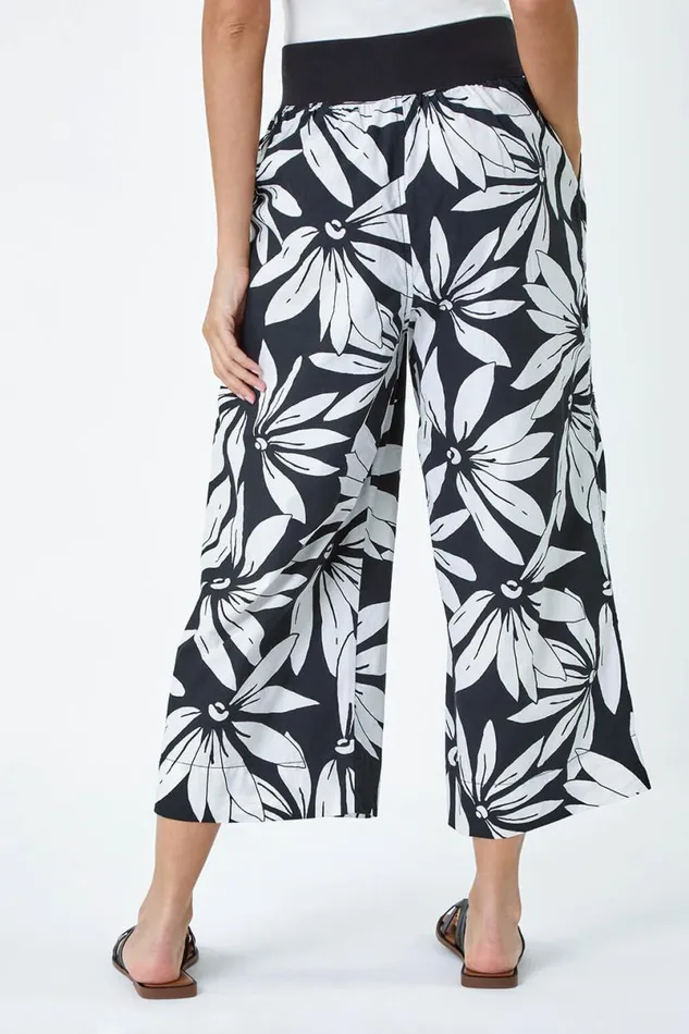 Black Floral Elastic Waist Wide Leg Cotton Culottes Women Roman Trousers
