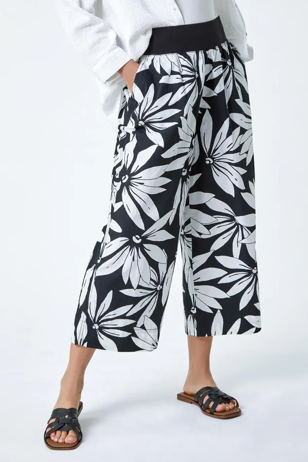 Black Floral Elastic Waist Wide Leg Cotton Culottes Women Roman Trousers