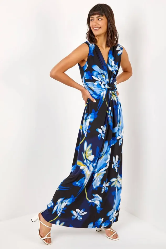 Black Floral Jersey Stretch Twist Ruched Maxi Dress Women Roman Dresses
