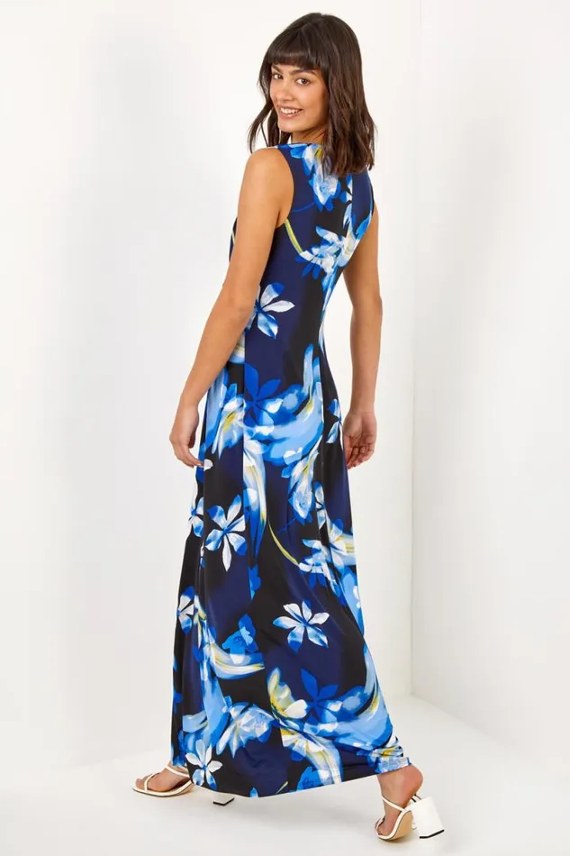 Black Floral Jersey Stretch Twist Ruched Maxi Dress Women Roman Dresses