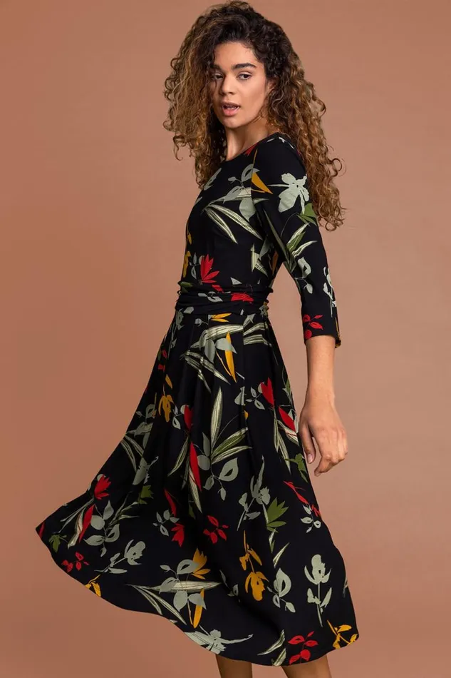 Black Floral Print Gathered Waist Dress Women Roman Dresses