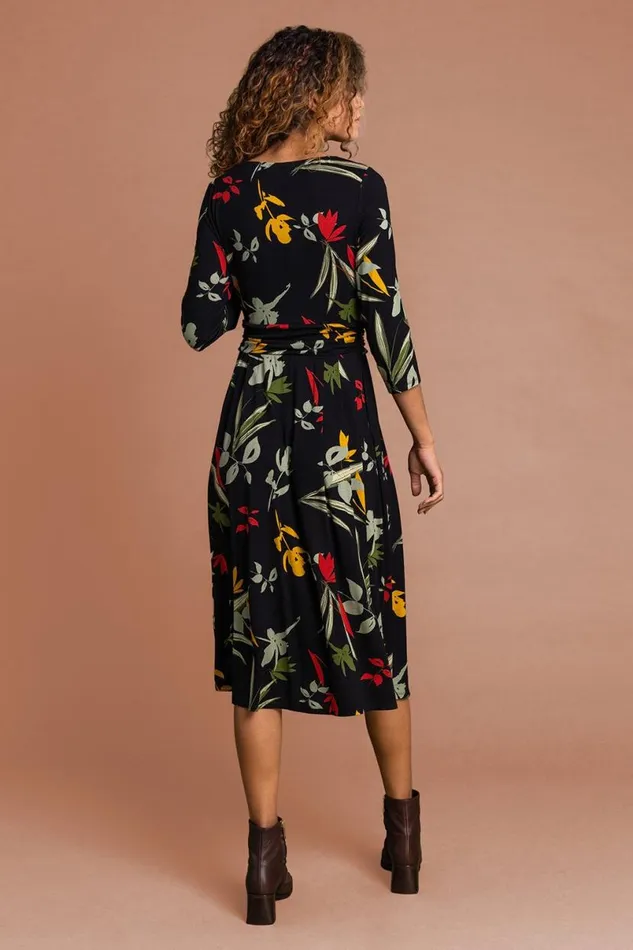 Black Floral Print Gathered Waist Dress Women Roman Dresses