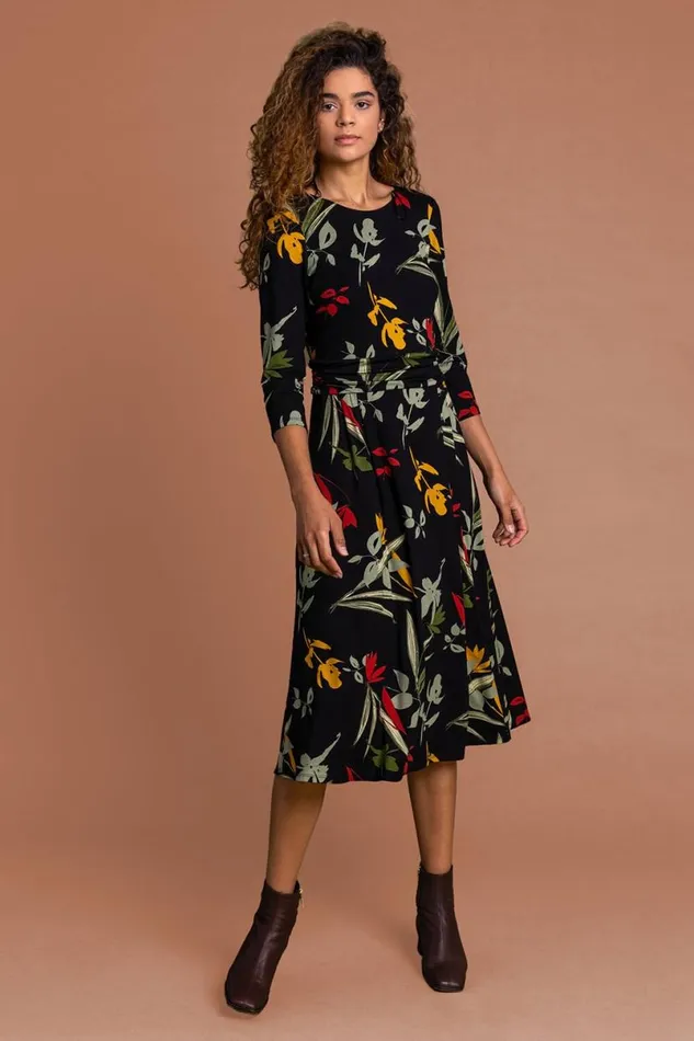 Black Floral Print Gathered Waist Dress Women Roman Dresses