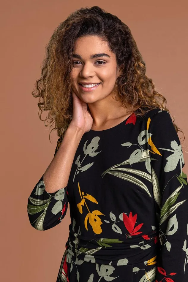 Black Floral Print Gathered Waist Dress Women Roman Dresses