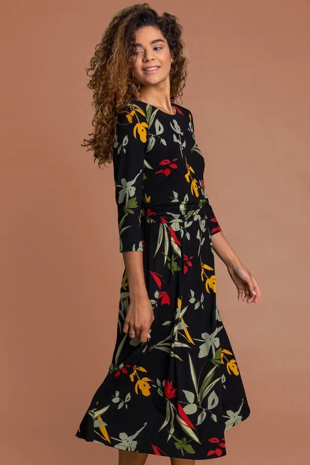 Black Floral Print Gathered Waist Dress Women Roman Dresses