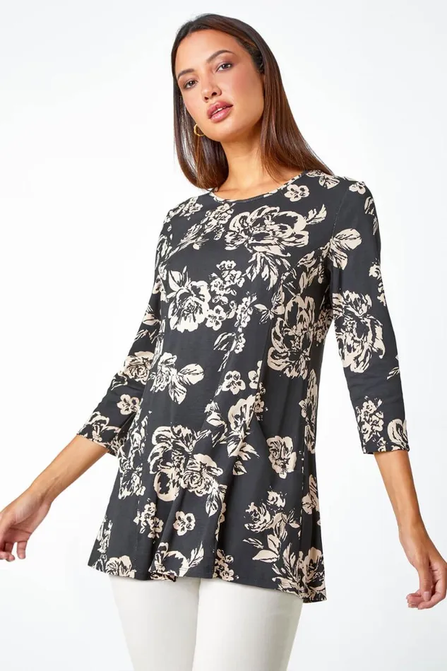 Black Floral Print Pocket Stretch Swing Top Women Roman Tops