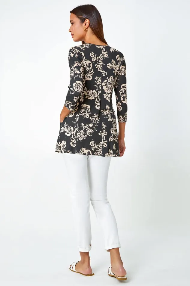 Black Floral Print Pocket Stretch Swing Top Women Roman Tops