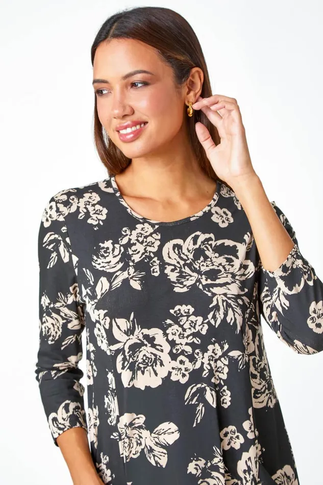 Black Floral Print Pocket Stretch Swing Top Women Roman Tops
