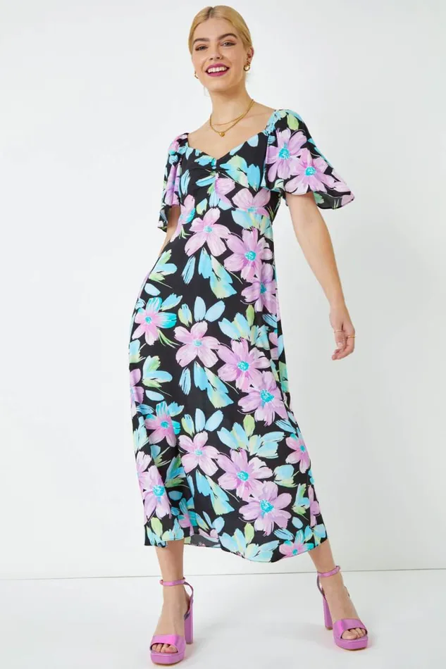 Black Floral Print Ruched Midi Dress Women Roman Dresses