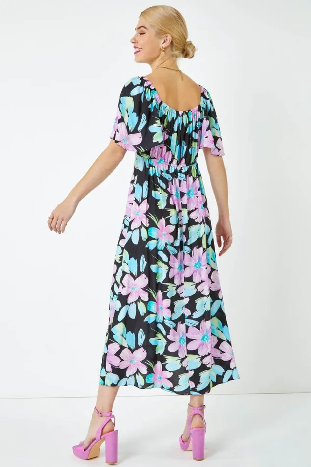 Black Floral Print Ruched Midi Dress Women Roman Dresses