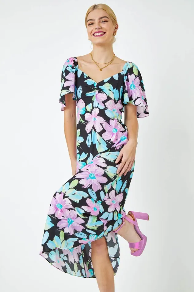 Black Floral Print Ruched Midi Dress Women Roman Dresses