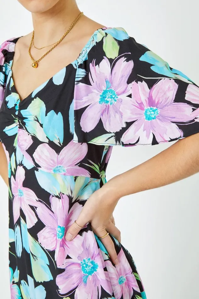Black Floral Print Ruched Midi Dress Women Roman Dresses