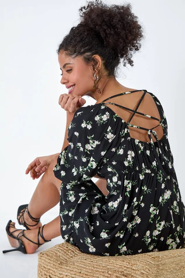 Black Floral Tie Back Frill Hem Dress Women Roman Dresses