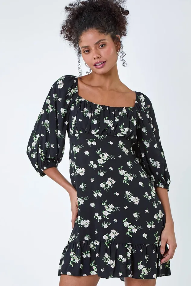 Black Floral Tie Back Frill Hem Dress Women Roman Dresses