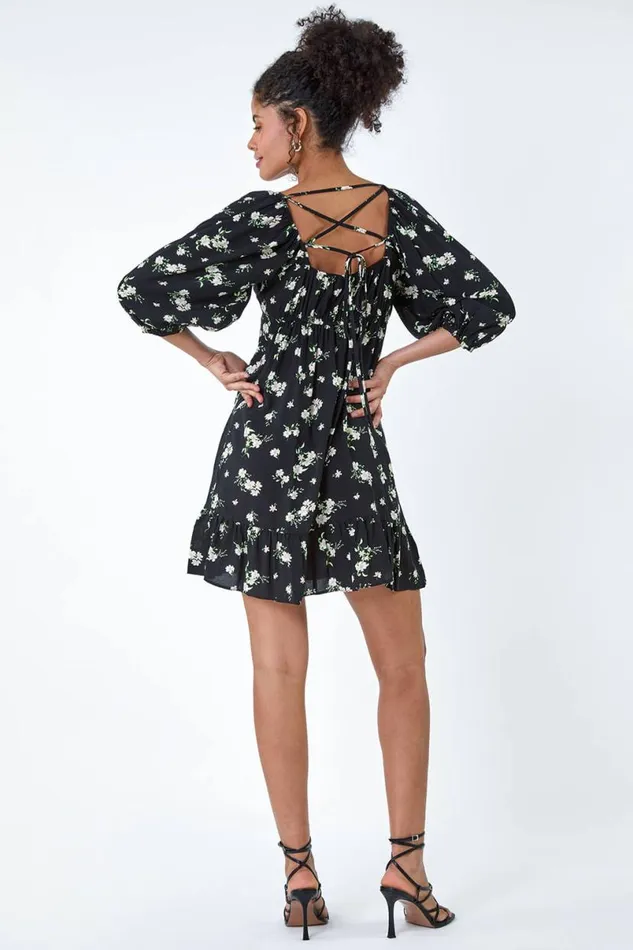 Black Floral Tie Back Frill Hem Dress Women Roman Dresses