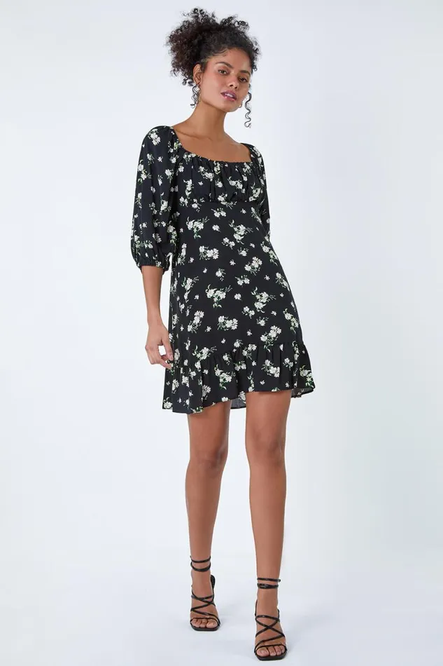 Black Floral Tie Back Frill Hem Dress Women Roman Dresses