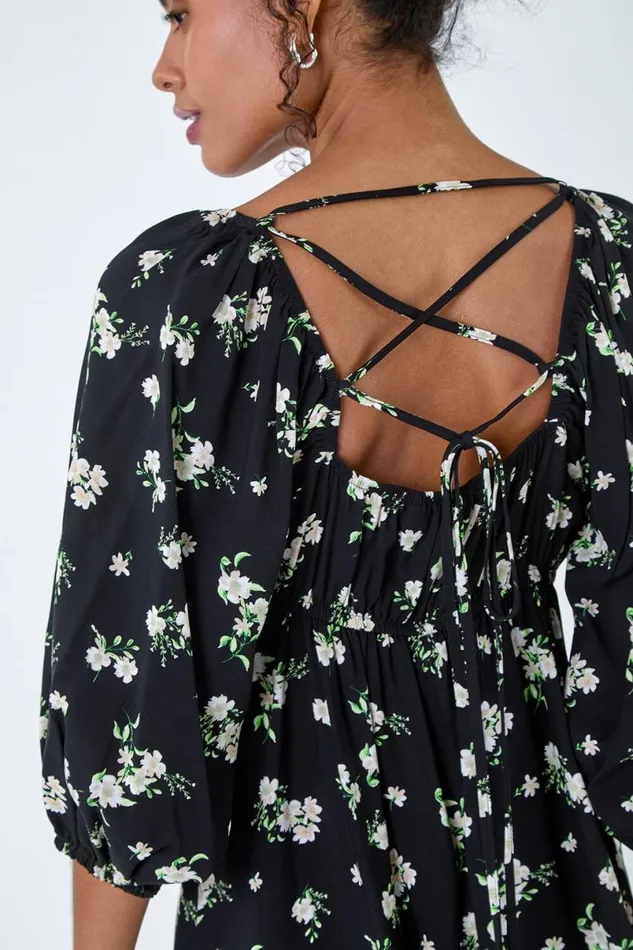 Black Floral Tie Back Frill Hem Dress Women Roman Dresses