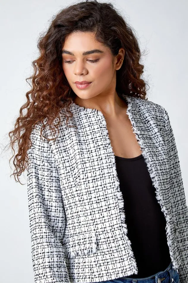 Black Frayed Edge Smart Textured Jacket Women Roman Occasionwear