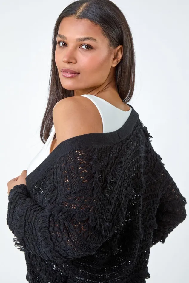 Black Fringe Detail Scalloped Cotton Blend Cardigan Women Roman Knitwear