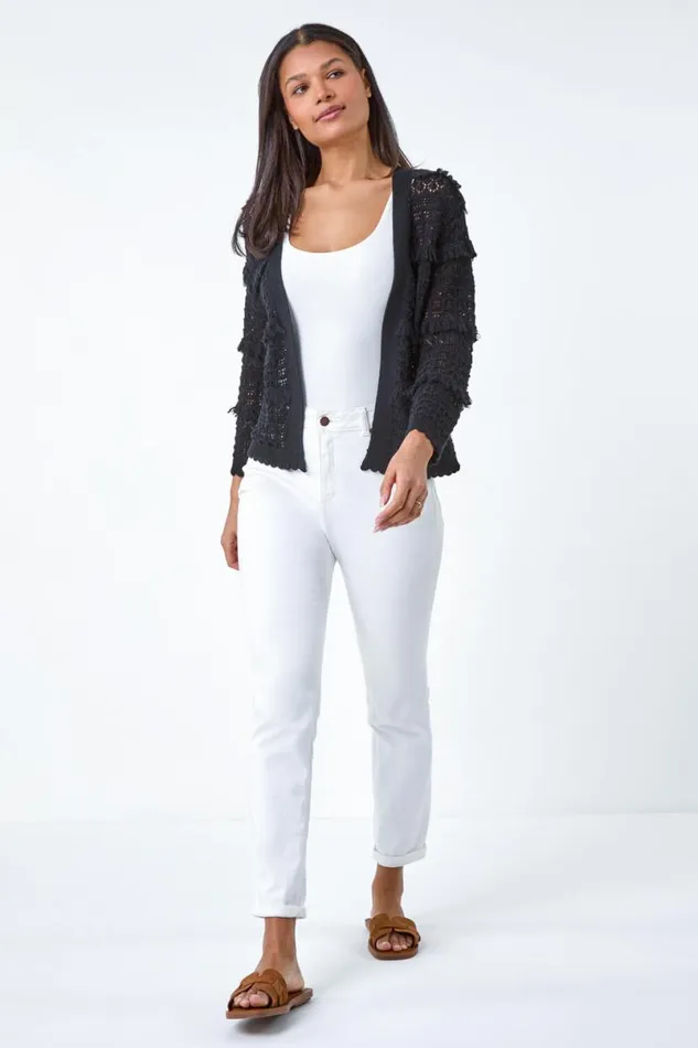 Black Fringe Detail Scalloped Cotton Blend Cardigan Women Roman Knitwear