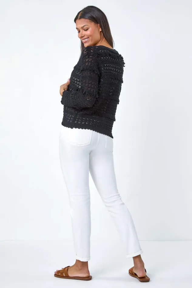 Black Fringe Detail Scalloped Cotton Blend Cardigan Women Roman Knitwear