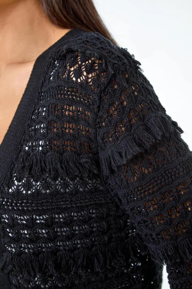 Black Fringe Detail Scalloped Cotton Blend Cardigan Women Roman Knitwear